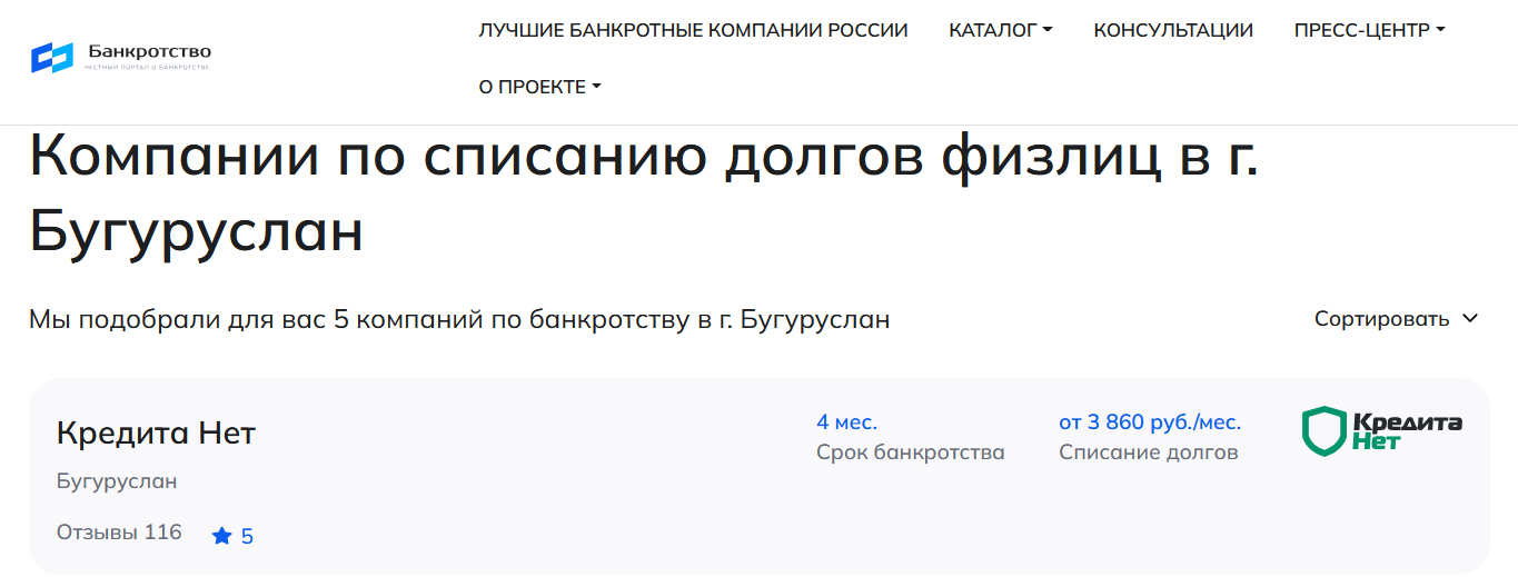 КредитаНет – первые в рейтинге компаний по банкротству в Бугуруслане на сайте Банкротство Инфо